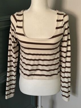 Altar'd State Cream and Brown Striped Long-Sleeve Scoop Top